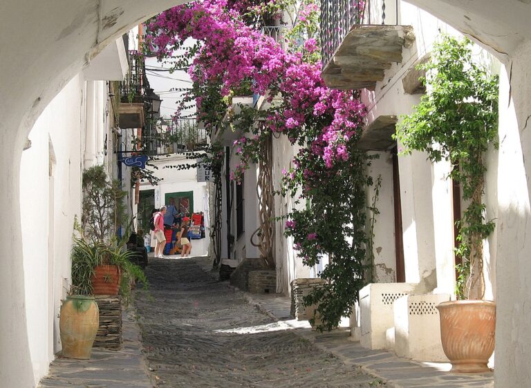 Fotografia de un carrer de Cadaques guarnit de flors -c.c Moreno