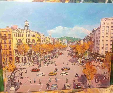 Fotografia d'un quadre de Josep Moscardó amb una vista del passeig de Gràcia en tons ocres